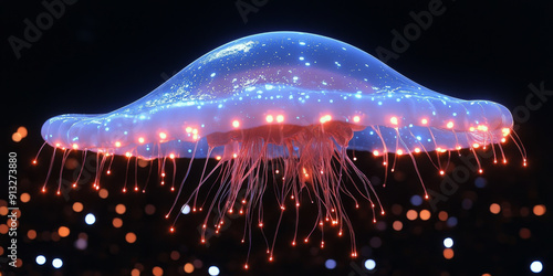 A neon blue digital illustration of a brain in the shape of a jellyfish against a dark background, symbolizing artificial intelligence.