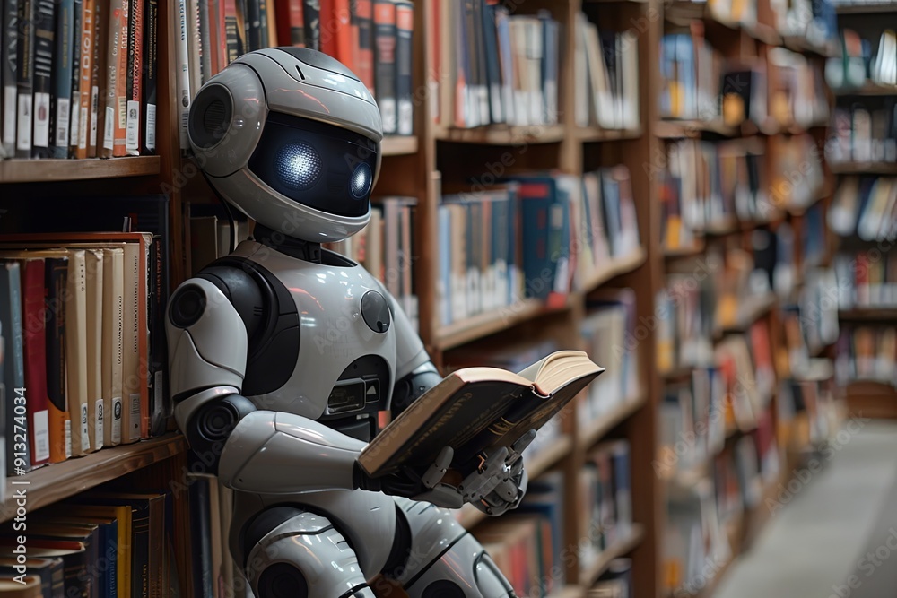 A robot librarian is organizing books and reading quietly in a library. Generative AI A robot librarian is organizing books and reading quietly in a library. Generative AI