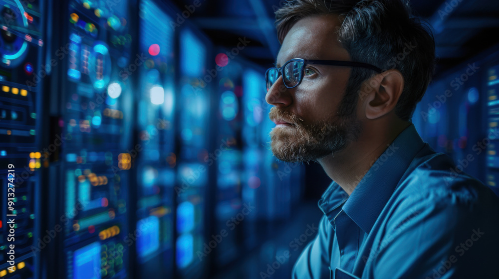 IT professional analyzing data in a server room, highlighting technology, cybersecurity, and information management in a modern data center. IT professional analyzing data in a server room, highlighting technology, cybersecurity, and information management in a modern data center.