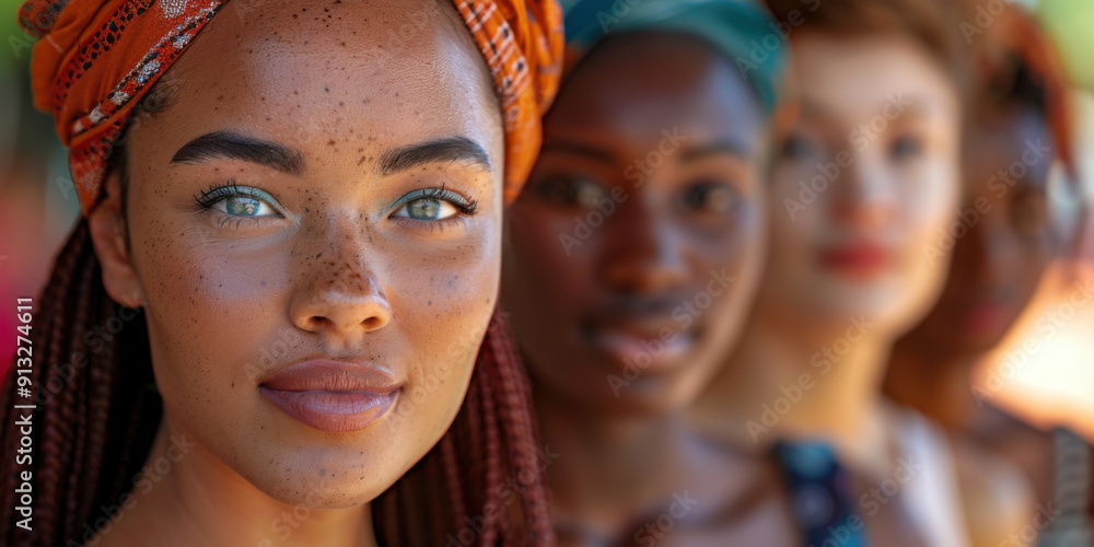 A group of diverse women with striking freckled faces and colorful headscarves, celebrating beauty and cultural diversity. A group of diverse women with striking freckled faces and colorful headscarves, celebrating beauty and cultural diversity.