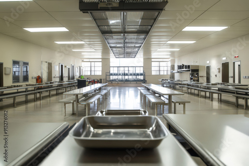 Clean prison dining hall with metal tables and benches