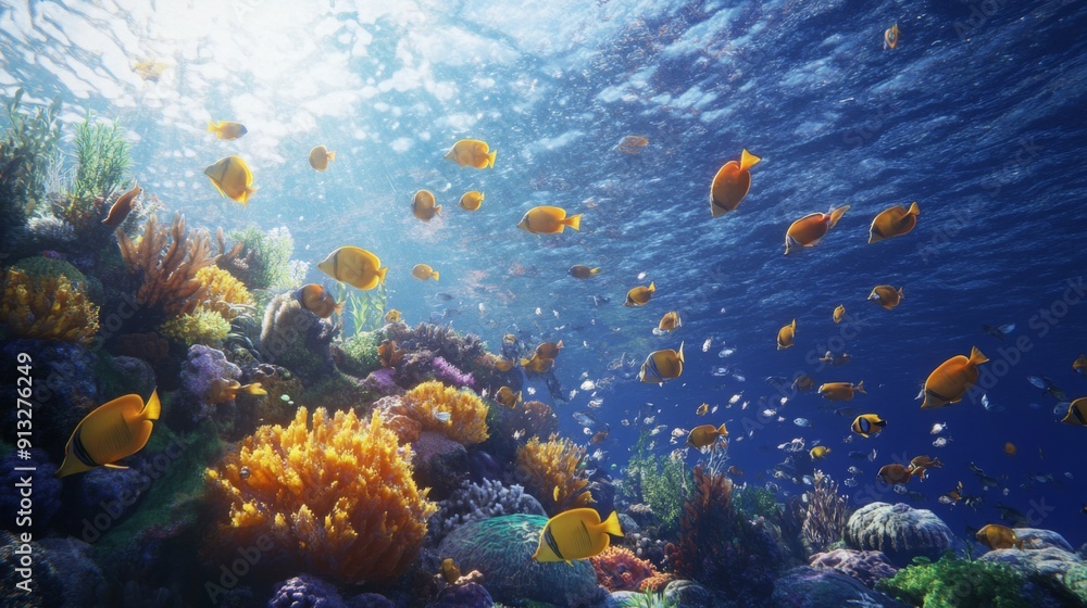 Fototapeta premium A lively underwater world featuring a diverse array of colorful fish swimming among a thriving coral reef.