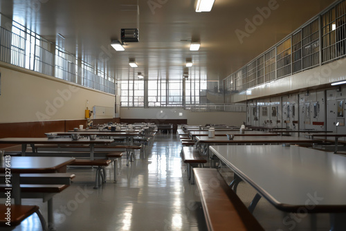 Empty prison dining hall with tables and benches