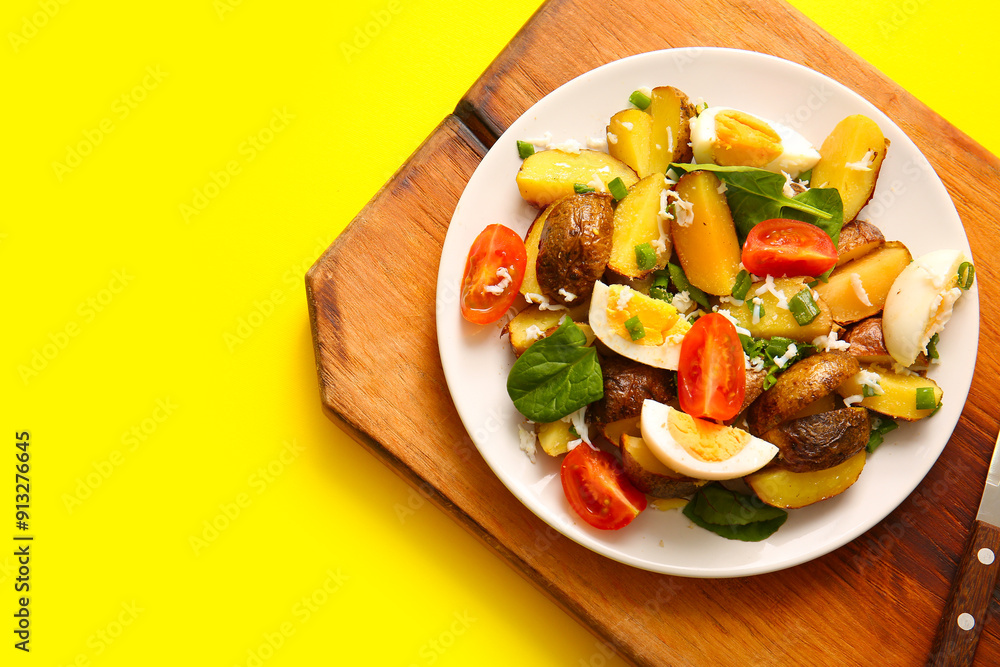 Plate of tasty potato salad with eggs and tomatoes on yellow background, top view Plate of tasty potato salad with eggs and tomatoes on yellow background, top view