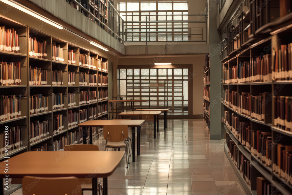 Fototapeta premium Modern prison library with rows of bookshelves and study tables