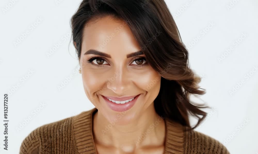 Close-up portrait of a Brazilian woman in her 30s in a white background wearing a chic cardigan Close-up portrait of a Brazilian woman in her 30s in a white background wearing a chic cardigan