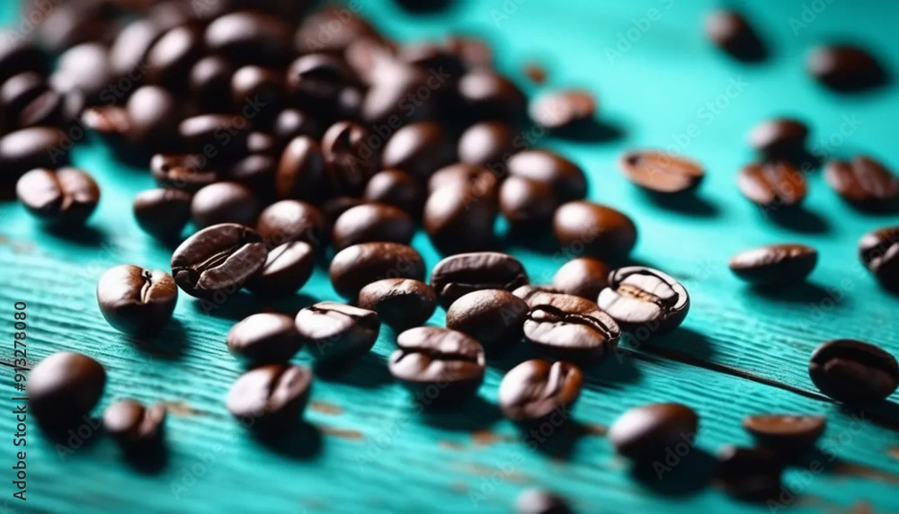 Brown coffee beans on turquoise old wooden table Brown coffee beans on turquoise old wooden table