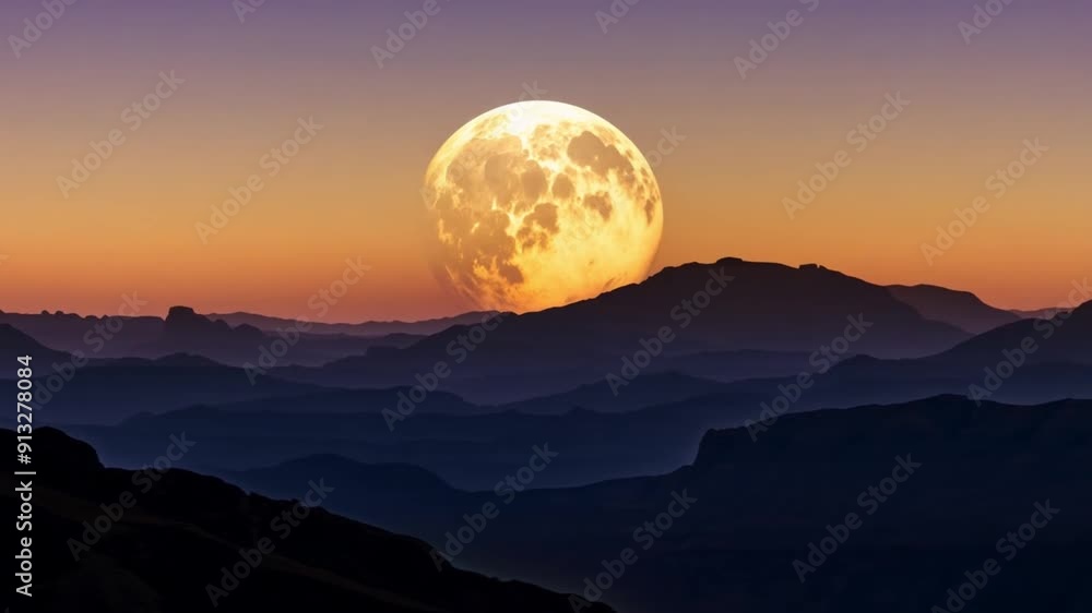 A large moon is in the sky above a mountain range. The sky is orange and the mountains are covered in fog A large moon is in the sky above a mountain range. The sky is orange and the mountains are covered in fog