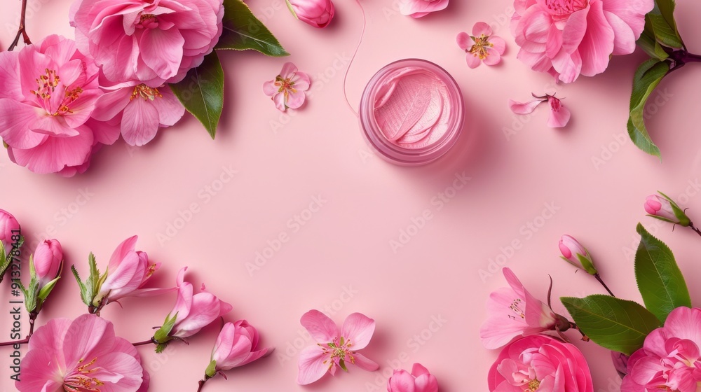 custom made wallpaper toronto digitalTemplate featuring pink frame surrounded by flowers, tailored for cosmetics presentations. AI Created