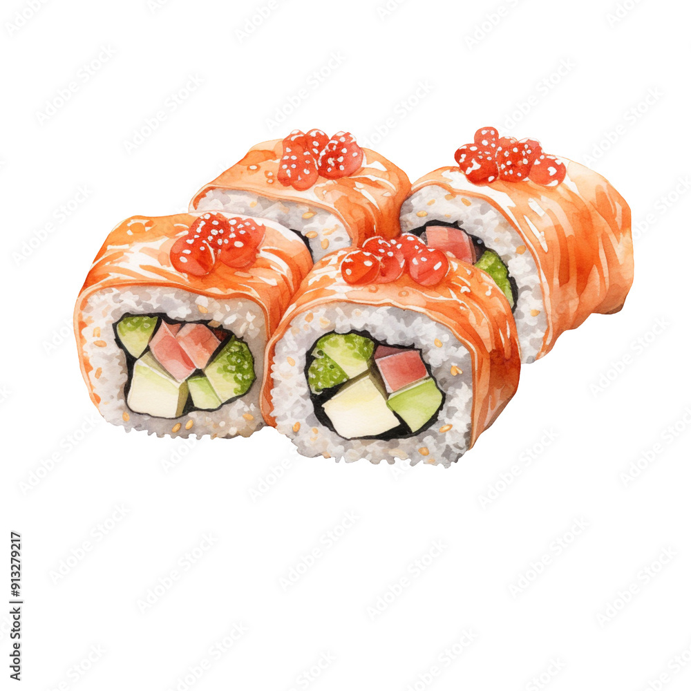 Four Pieces of Watercolor Isolated Salmon Maki Sushi Topped with Tobiko Roe Four Pieces of Watercolor Isolated Salmon Maki Sushi Topped with Tobiko Roe