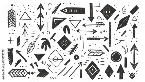 Hand drawn doodle style arrows and shapes set vector illustration on a white background. Doodles of hand drawing elements for design with black lines isolated on a transparent background.