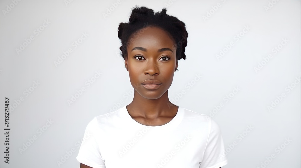 Serious dark-skinned woman with neutral expression, wearing a white t-shirt, looking directly at the camera against a white background. Perfect for ethnic diversity and portrait concepts. Serious dark-skinned woman with neutral expression, wearing a white t-shirt, looking directly at the camera against a white background. Perfect for ethnic diversity and portrait concepts.