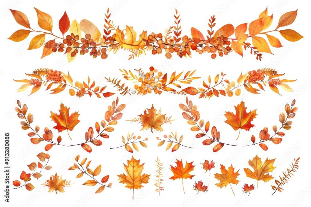 Watercolor illustration of autumn leaves and branches, perfect for seasonal designs and themes Watercolor illustration of autumn leaves and branches, perfect for seasonal designs and themes