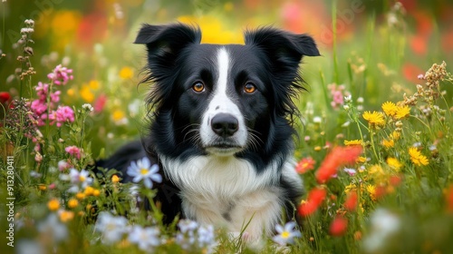 It's a sunny day in a meadow with a black tri-colored border collie resting.