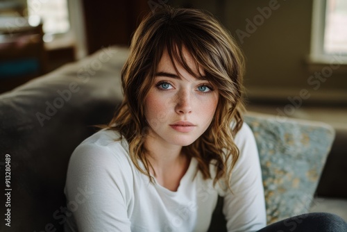 During a mental health crisis, a fatigued, despondant and forlorn teen sits alone on a sofa, feeling anxious and isolated. photo