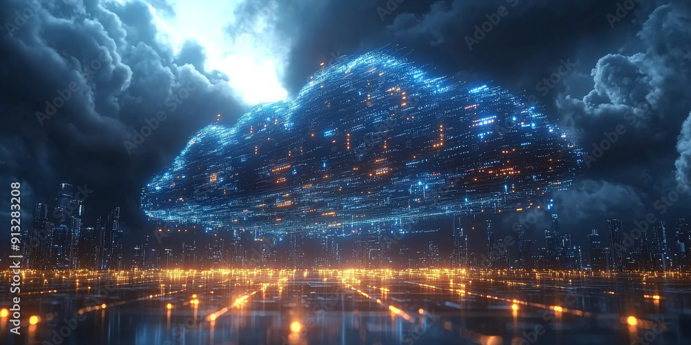 Fototapeta premium Abstract digital data streams on a dark blue background, conveying the concept of big data and cloud technology
