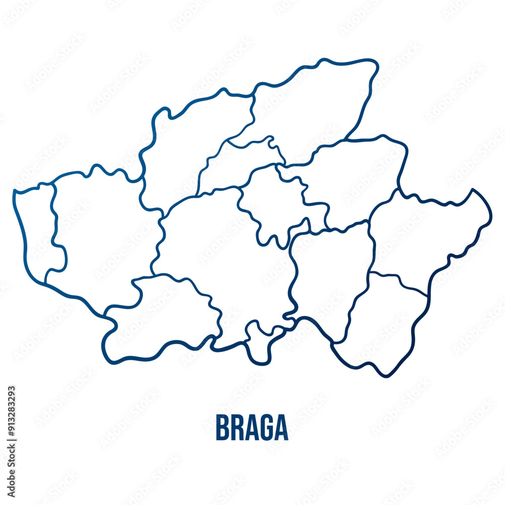 Fototapeta premium Braga district with municipalities map. Abstract smooth blue gradient linear vector