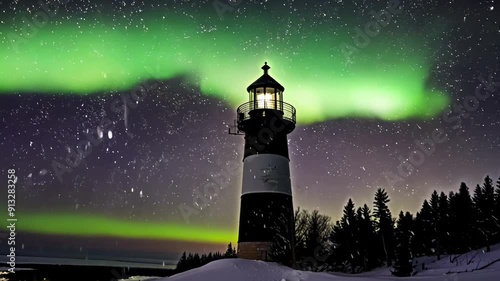 A lighthouse is lit up in the night sky