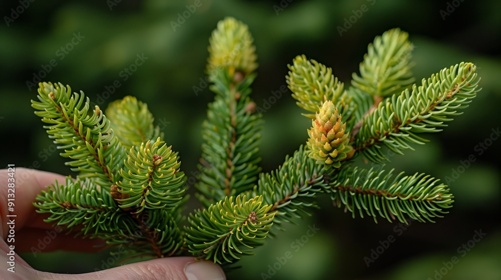 Close-Up of Fresh Evergreen Sprig With New Growth Being Held in a Hand Outdoors Close-Up of Fresh Evergreen Sprig With New Growth Being Held in a Hand Outdoors