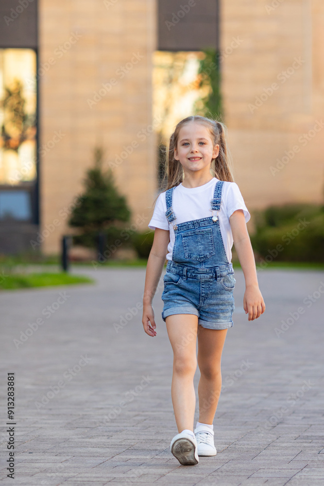 Smiling little girl is having fun walking down the street. Urban lifestyle concept. City background. Smiling little girl is having fun walking down the street. Urban lifestyle concept. City background.