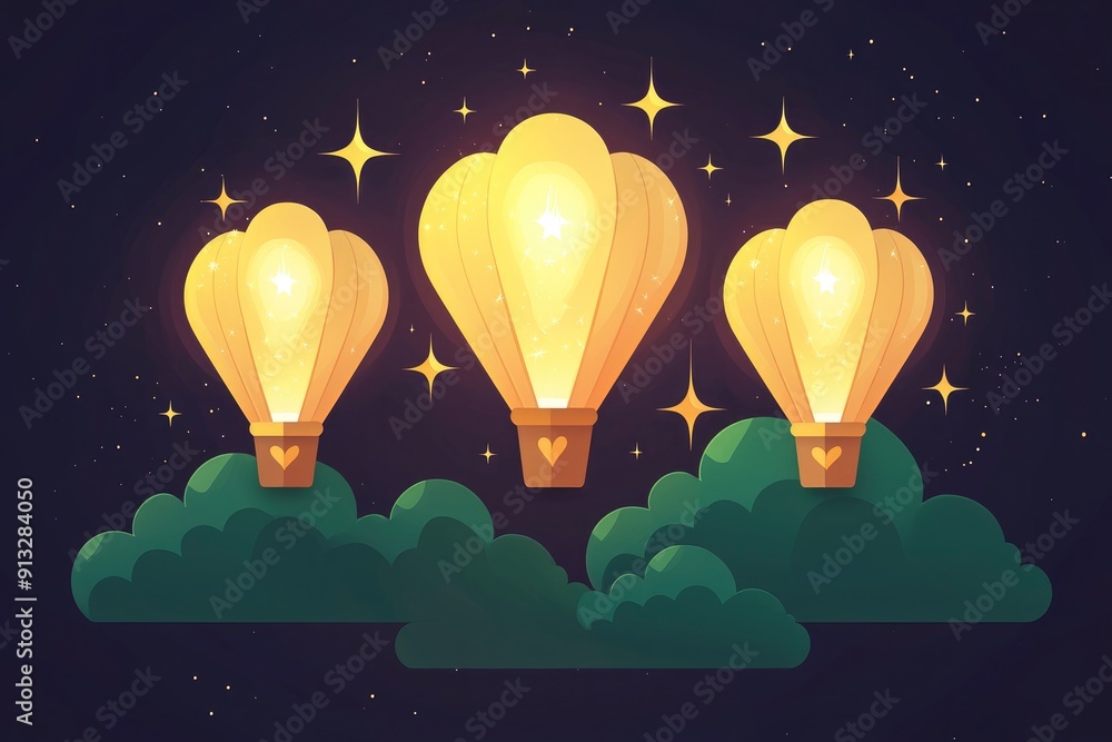 Three Hot Air Balloons Floating in the Night Sky Three Hot Air Balloons Floating in the Night Sky