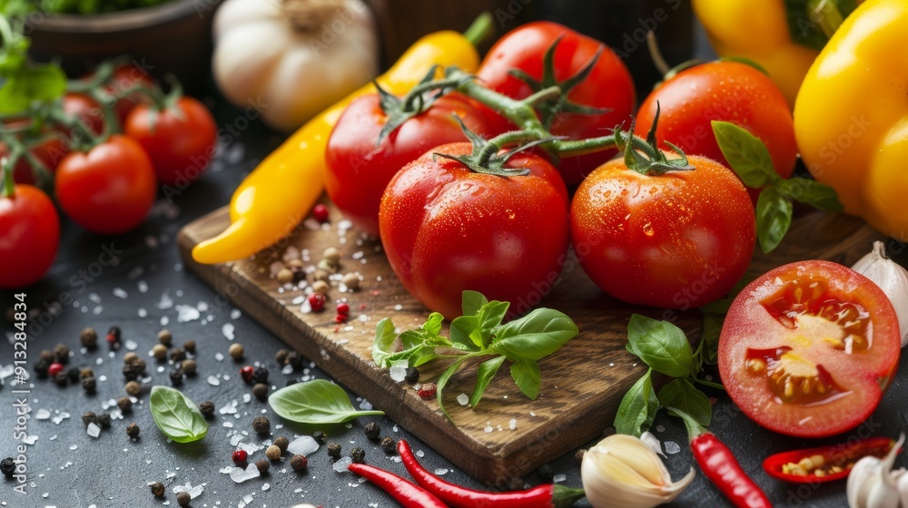 Fresh Tomatoes and Peppers on a Cutting Board Fresh Tomatoes and Peppers on a Cutting Board