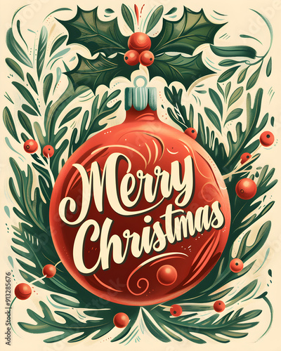 Vintage greeting card with calligraphy lettering Merry Christmas. Retro postcard with text in chalk board style. Winter composition with text, red Christmas tree ball and holly on black background.