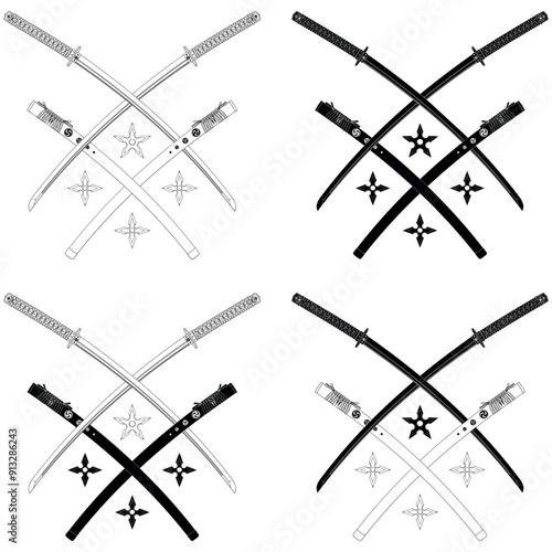 Vector design Katanas crossed with shuriken, katana and shuriken from ancient feudal Japan, used by samurai and ninja warriors