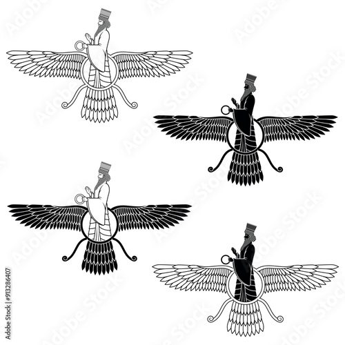 Vector design of Faravahar symbol, Zoroastrian religion symbol, Zoroastrianism prophet on winged sun disk