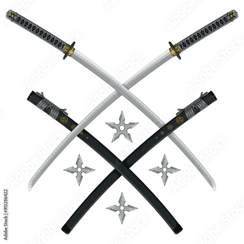 Vector design Katanas crossed with shuriken, katana and shuriken from ancient feudal Japan, used by samurai and ninja warriors