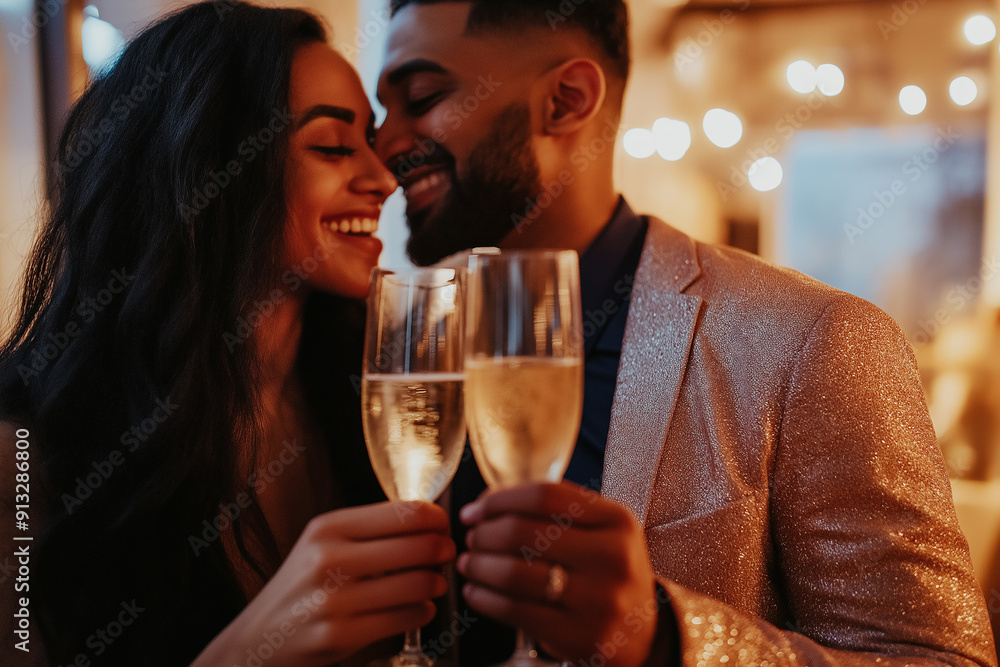 A couple in elegant attire toasting with champagne glasses, celebrating a special moment together with sparkling smiles and festive lights in the background. A couple in elegant attire toasting with champagne glasses, celebrating a special moment together with sparkling smiles and festive lights in the background.