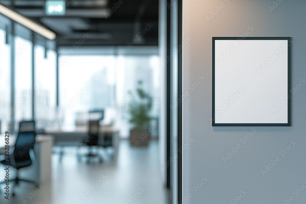 An empty picture frame on a wall in a modern office setting with large windows, representing the concept of mockup and copy space. An empty picture frame on a wall in a modern office setting with large windows, representing the concept of mockup and copy space.