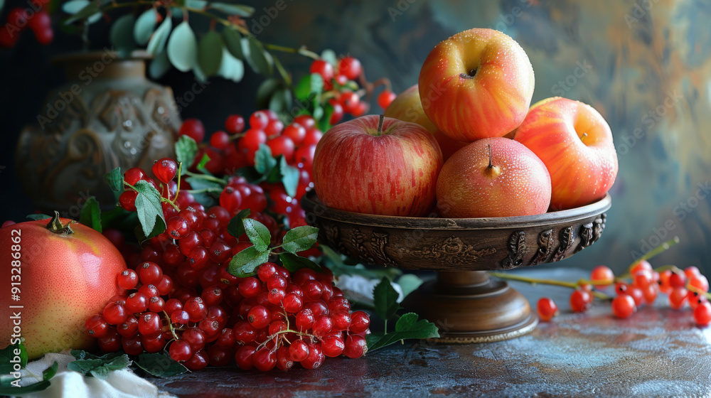 A beautifully arranged still life featuring apples and red berries in an ornate antique bowl on a rustic table. A beautifully arranged still life featuring apples and red berries in an ornate antique bowl on a rustic table.