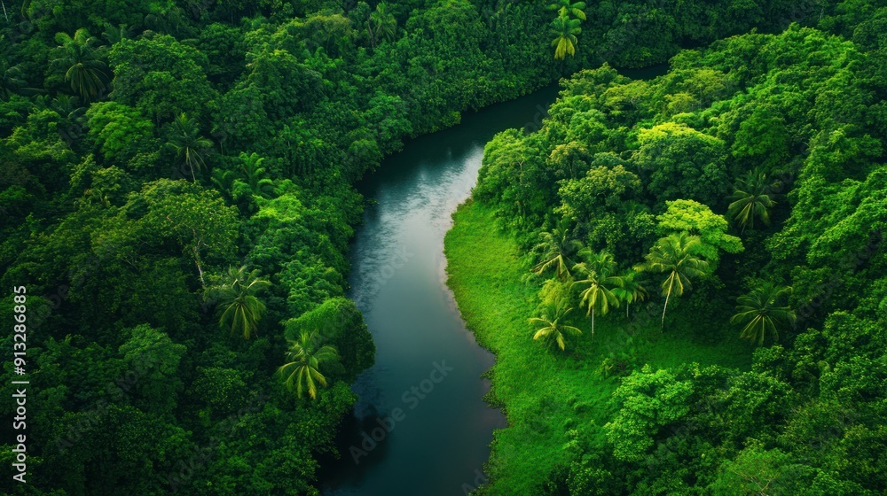 Aerial View of a River Winding Through Lush Green Rainforest Aerial View of a River Winding Through Lush Green Rainforest