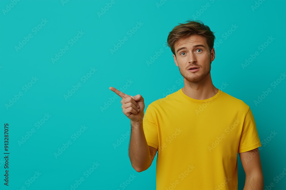 Fototapeta premium A man in a yellow shirt pointing to the side against a turquoise background, offering ample copy space for various concepts.