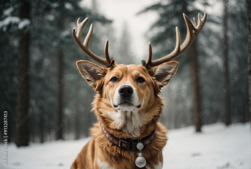 cute dog with deer antlers in winter cute dog with deer antlers in winter