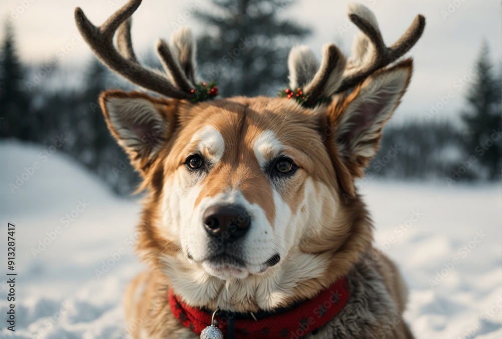 cute dog with deer antlers in winter cute dog with deer antlers in winter