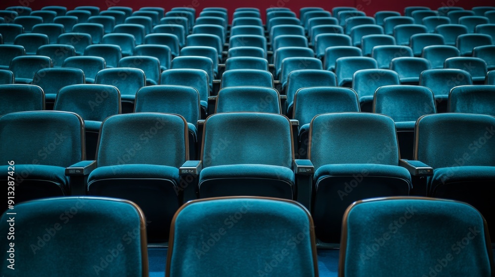 Naklejka premium Empty blue seats arranged in rows in an auditorium or theater, evoking a sense of anticipation for an upcoming event or performance
