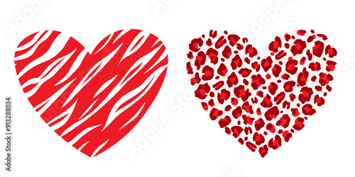 Abstract silhouettes of hearts with animal print. Vector illustration.