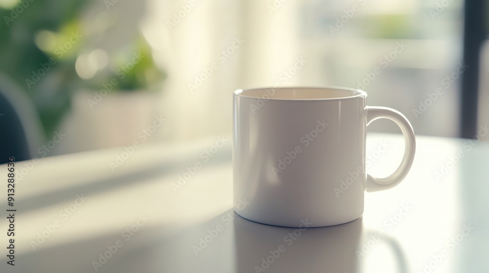 A Simple White Mug On A Table With A Blurred Background Of A Window And Green Plants, Minimalist Home Decor A Simple White Mug On A Table With A Blurred Background Of A Window And Green Plants, Minimalist Home Decor