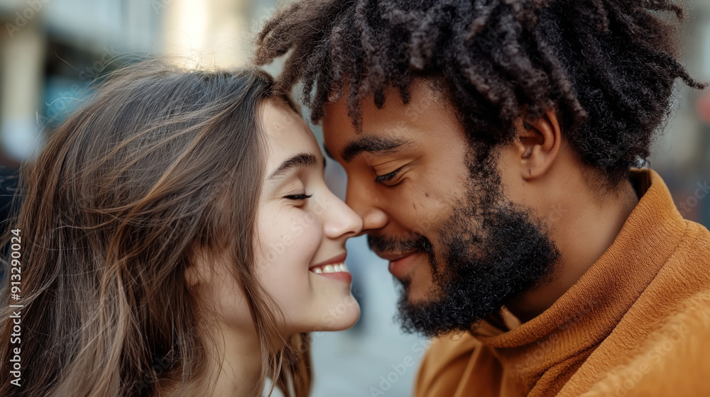 Obraz premium Close-up of a smiling couple with foreheads and noses touching in an intimate moment with blurred outdoor background.
