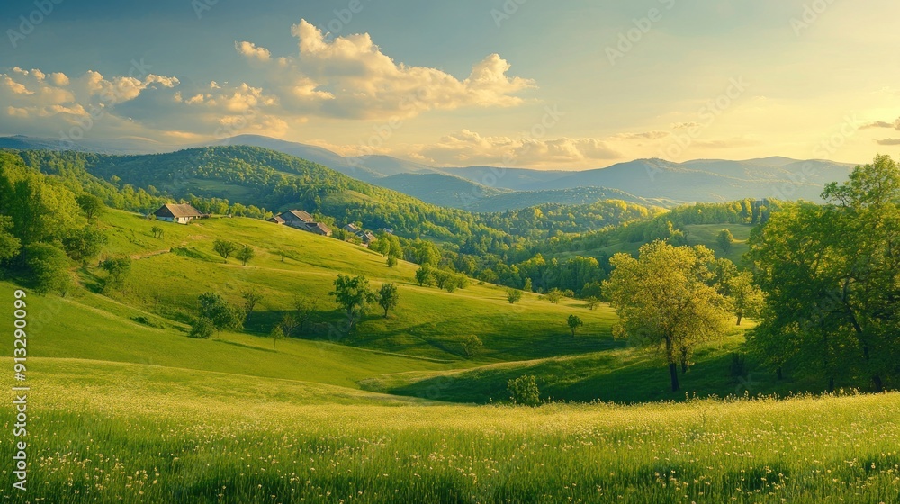 Obraz premium Tranquil Mountain Landscape with Lush Green Fields