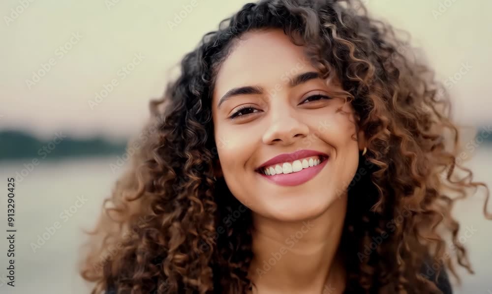 Portrait of beautiful young woman with curly hair smiling at camera. Portrait of beautiful young woman with curly hair smiling at camera.