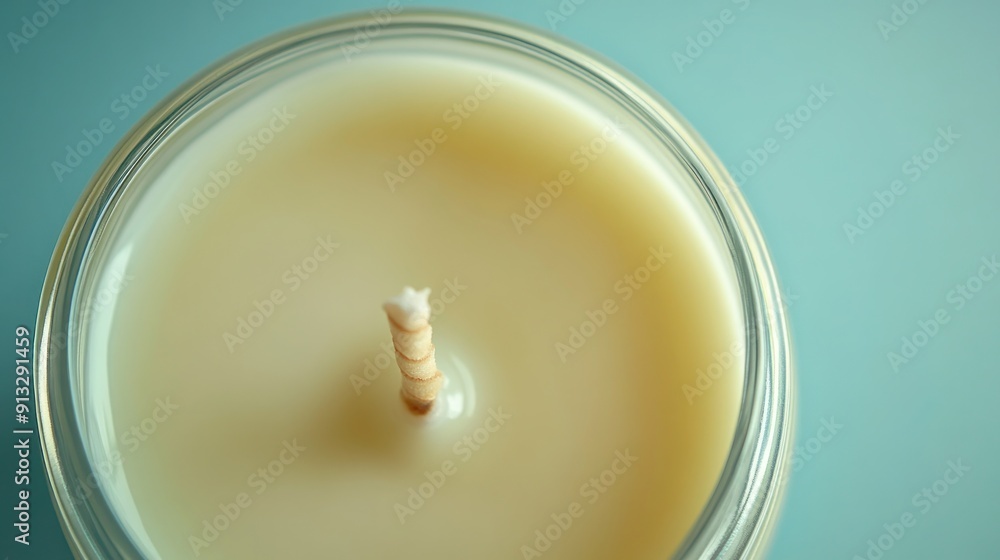 Fototapeta premium Close-Up of an Unlit Candle in a Glass Jar with a Wooden Wick and a Pale Yellow Wax, Ready for Lighting, Creating a Tranquil and Relaxing Atmosphere