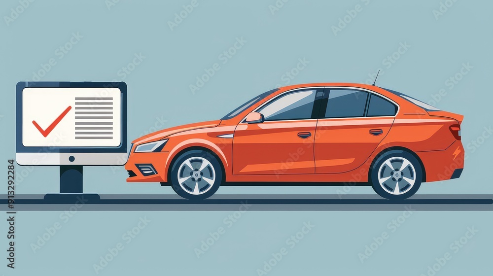 Flat Cartoon Auto Test with Checkmark on Computer Screen Depicting Car History Check, Vehicle Inspection Report Document Approved, Modern Electronic Diagnostic Flat Cartoon Auto Test with Checkmark on Computer Screen Depicting Car History Check, Vehicle Inspection Report Document Approved, Modern Electronic Diagnostic