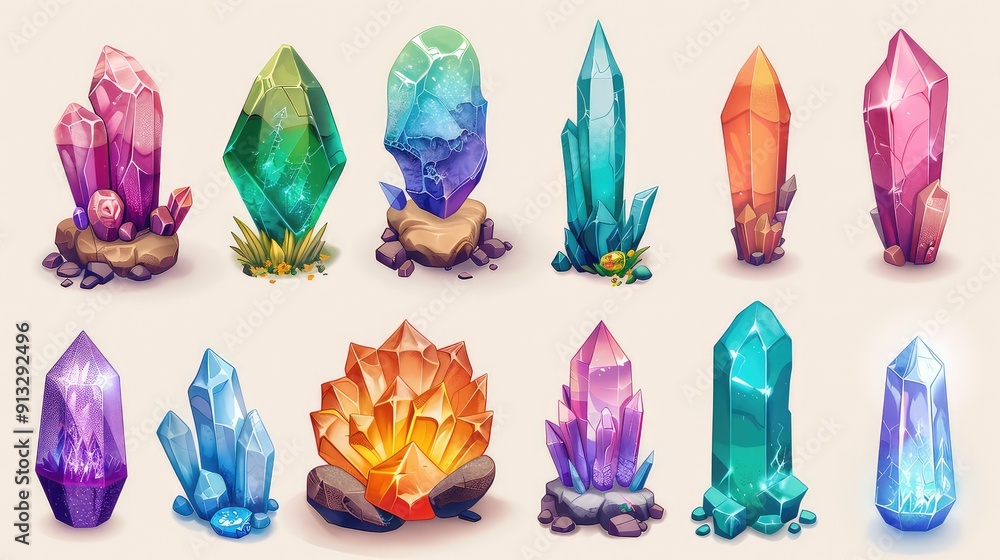 Vibrant Gemstones and Crystals Set in Cartoon Style Vibrant Gemstones and Crystals Set in Cartoon Style