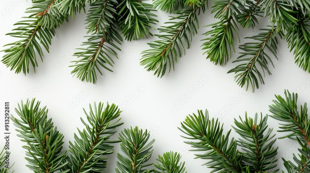 Isolated Top View of Pine Twigs and Green Leaves on a Pristine White Background for Natural and Botanical Design Projects Isolated Top View of Pine Twigs and Green Leaves on a Pristine White Background for Natural and Botanical Design Projects