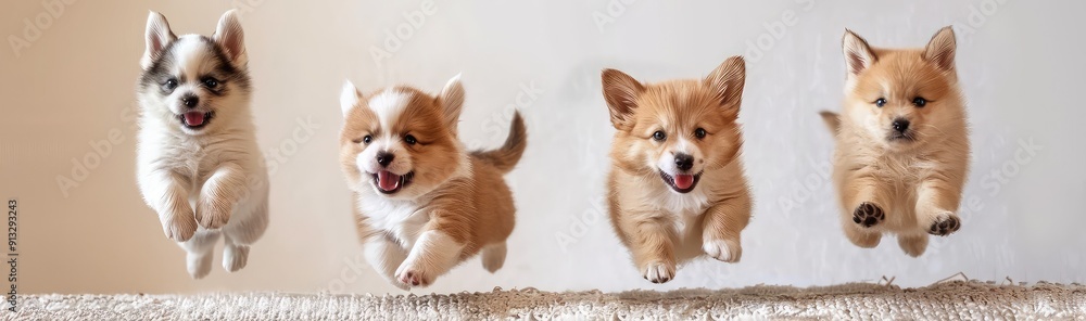 Sequence of Playful Corgi Puppies Mid-Jump on Neutral Background, Capturing Joyful and Energetic Moments of Young Dogs in Motion, Isolated for Versatile Use Sequence of Playful Corgi Puppies Mid-Jump on Neutral Background, Capturing Joyful and Energetic Moments of Young Dogs in Motion, Isolated for Versatile Use