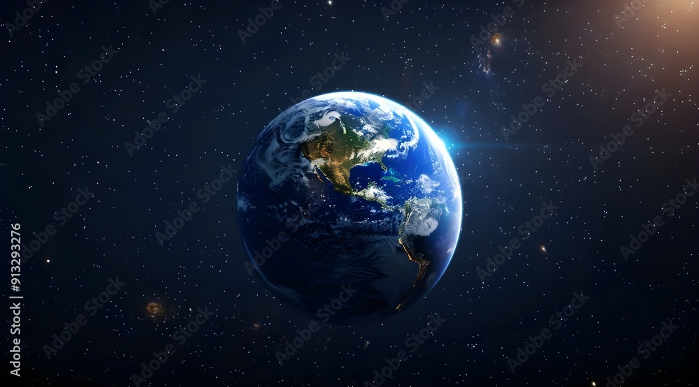 The blue earth is illuminated by the sun in space, with stars shining on it. The background of dark black sky and planet Earth wallpaper has no clouds or other objects, creating an atmosphere. The blue earth is illuminated by the sun in space, with stars shining on it. The background of dark black sky and planet Earth wallpaper has no clouds or other objects, creating an atmosphere.