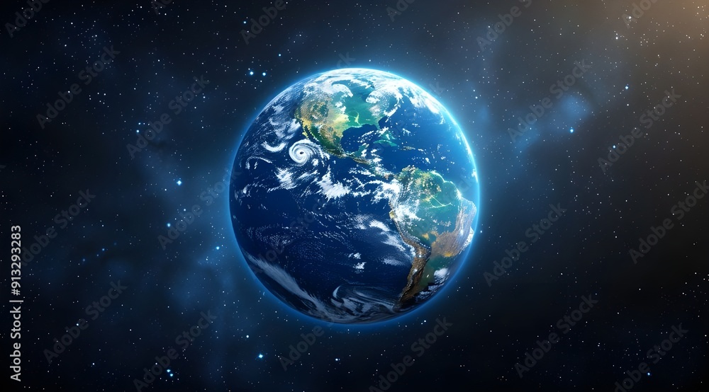 The blue Earth is centered in the picture, with stars shining brightly above it and a beam of light illuminating its surface. The background features dark space. The blue Earth is centered in the picture, with stars shining brightly above it and a beam of light illuminating its surface. The background features dark space.